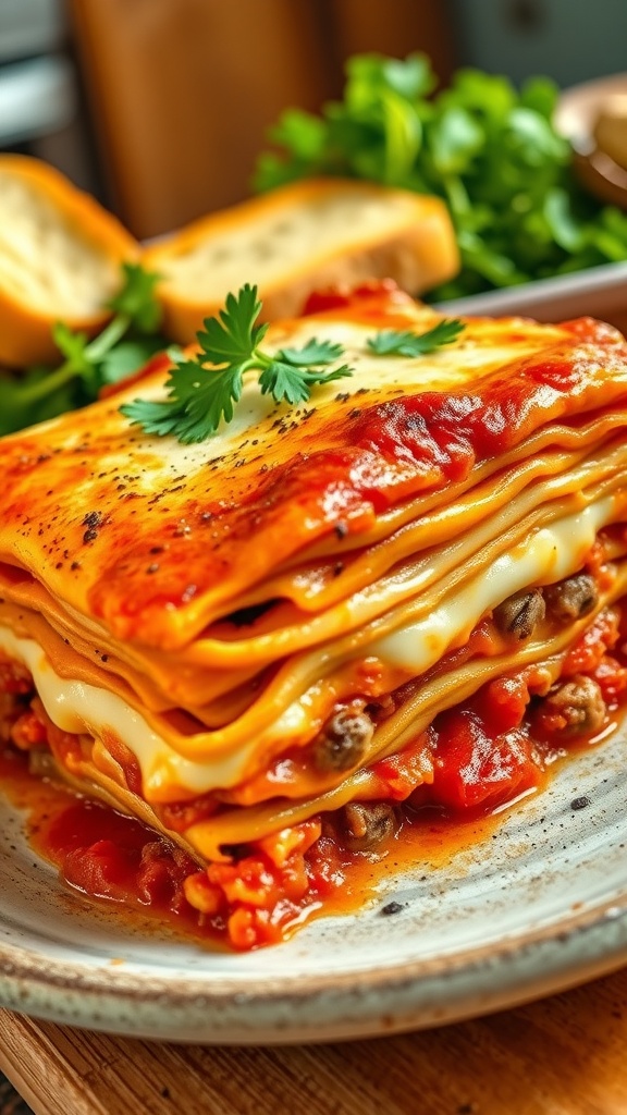 A delicious baked lasagna with layers of meat sauce and melted cheese, served with garlic bread and salad on a rustic table.